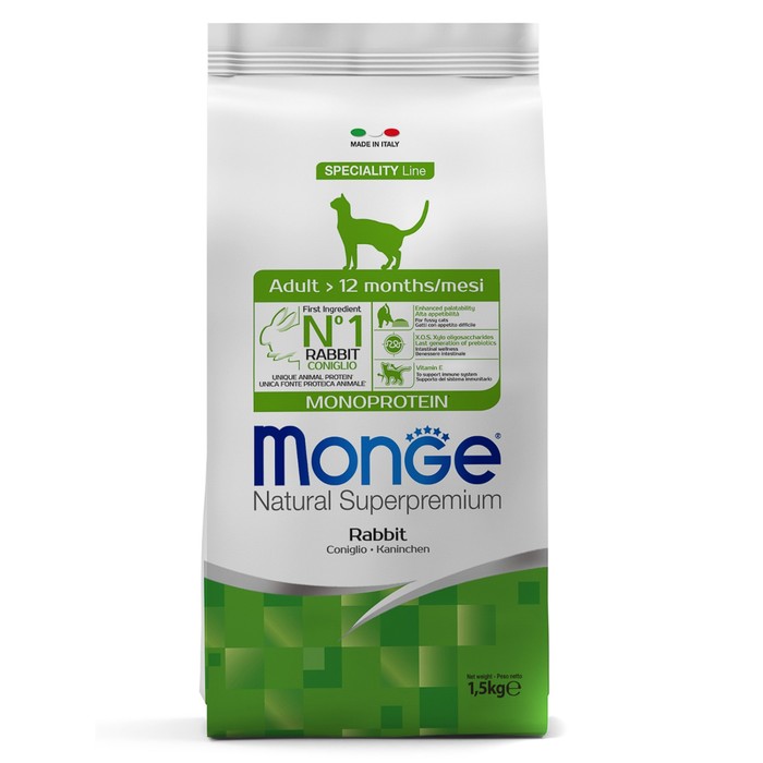 Сухой корм Monge Cat Monoprotein Adult Rabbit для взрослых кошек, кролик, 1.5 кг