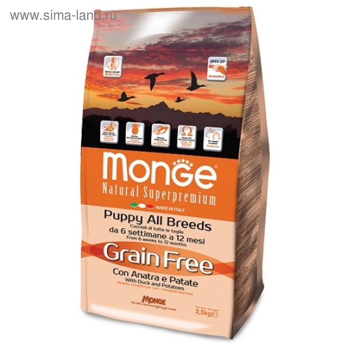 

Сухой корм Monge Dog GRAIN FREE для щенков, утка/картофель, беззерновой, 2.5 кг