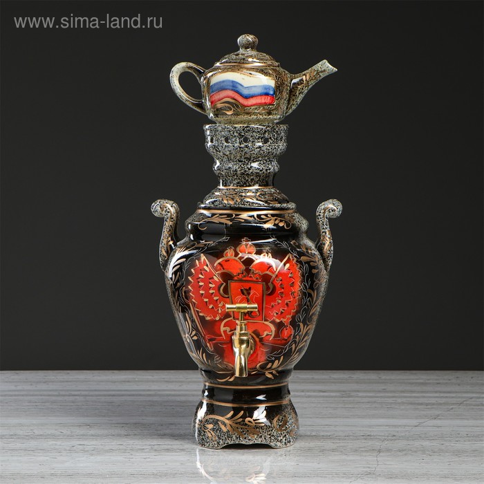 фото Самовар электрический с заварником "герб россии", в наборе: самовар 4 л и чайник 0,5 л, тёмный, микс керамика ручной работы