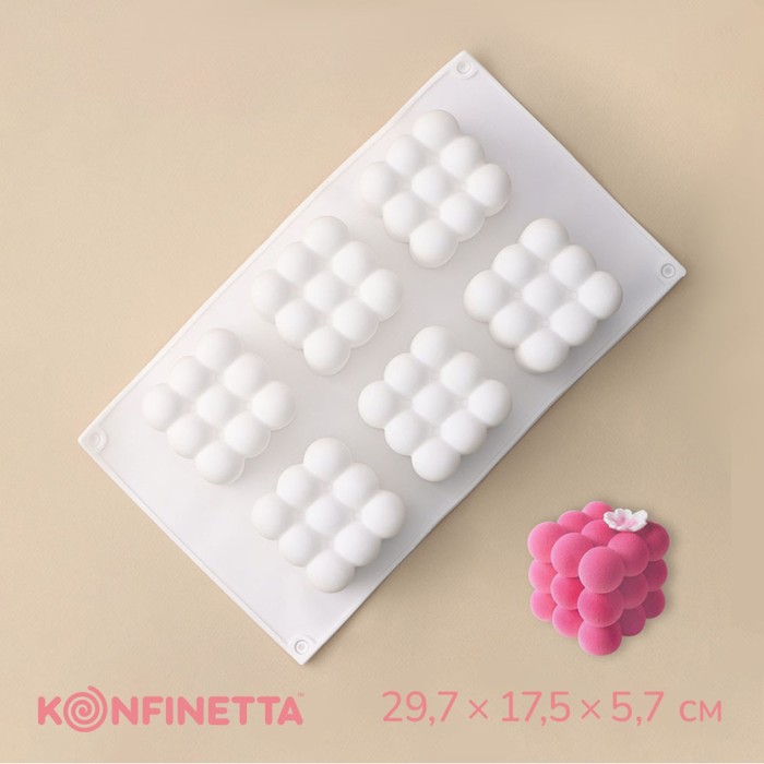 Форма для муссовых десертов и выпечки KONFINETTA «Рафаэль», силикон, 29,7×17,5×5,7 см, 6 ячеек (6,2×6,2 см), цвет белый форма силиконовая для выпечки и муссовых десертов konfinetta пуэнти 30×18×3 см 8 ячеек ячейка 6 6×6 6×3 см цвет белый