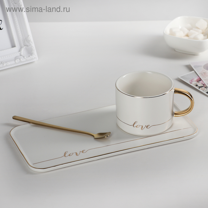 Чайная пара керамическая с ложкой «Эстетика», 2 предмета: кружка 250 мл, подставка 24,5×12,5 см, цвет белый