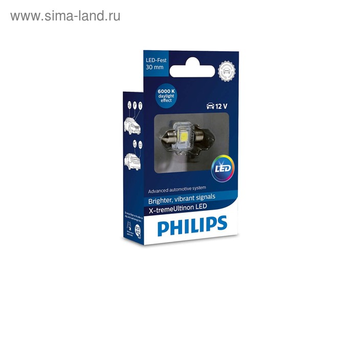 

Лампа светодиодная Philips 12 В, SV8,5-30/11, 1,0 Вт, 6000К, X-tremeUltinon