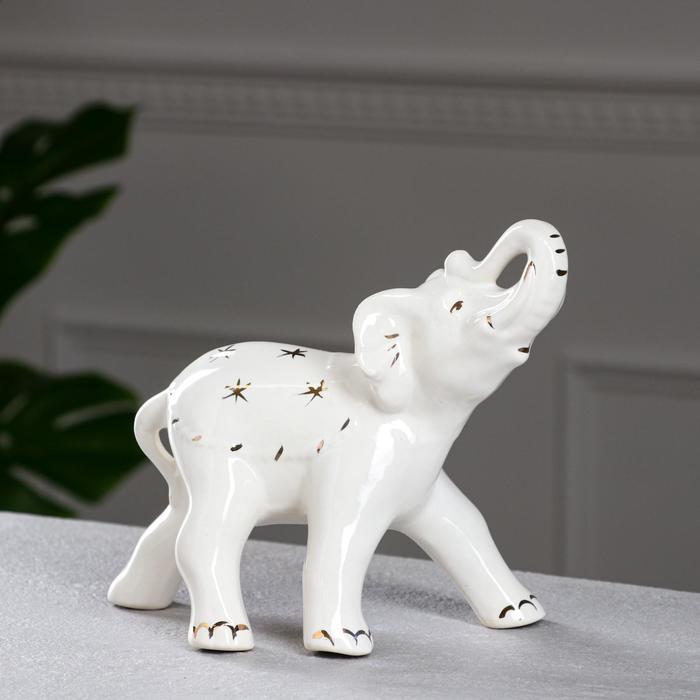 Статуэтка "Слон", белая, золото, керамика, 19 см