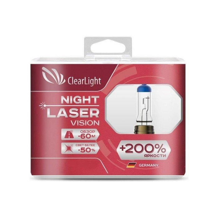 Лампа автомобильная, H4 Clearlight Night Laser Vision +200% Light, набор 2 шт лампа clearlight h9 12v 65w night laser vision 200% light компл 2 шт