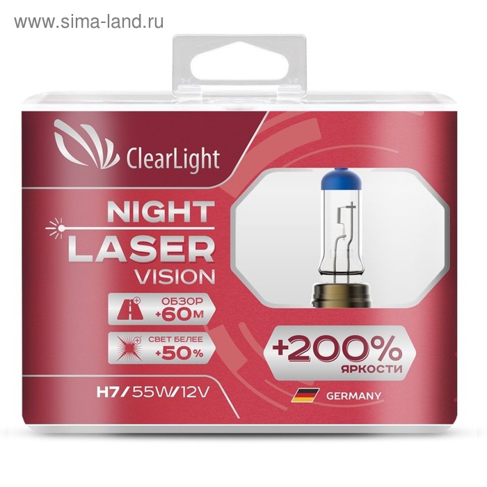 Лампа автомобильная, H7 Clearlight Night Laser Vision+200% Light, набор 2 шт лампа clearlight h9 12v 65w night laser vision 200% light компл 2 шт