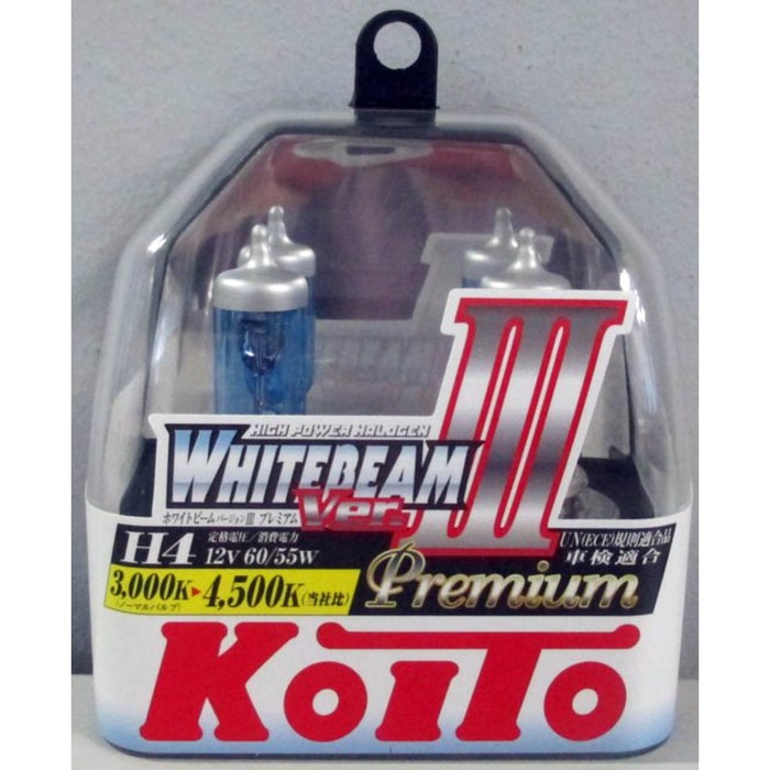 Лампа автомобильная Koito, H4, 12 В (60/55w) P43t Whitebeam III Premium 4500K, 2 шт