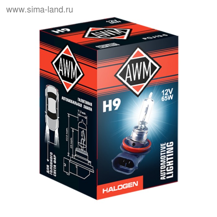 Лампа автомобильная AWM, H9 12V 65 W (PGJ19-5) лампа автомобильная awm p21w 12v 21 w ba15s white