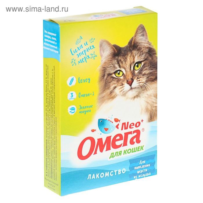 Лакомство Омега Nео+ Для выведения шерсти из желудка для кошек, с ржаным солодом, 90 табл
