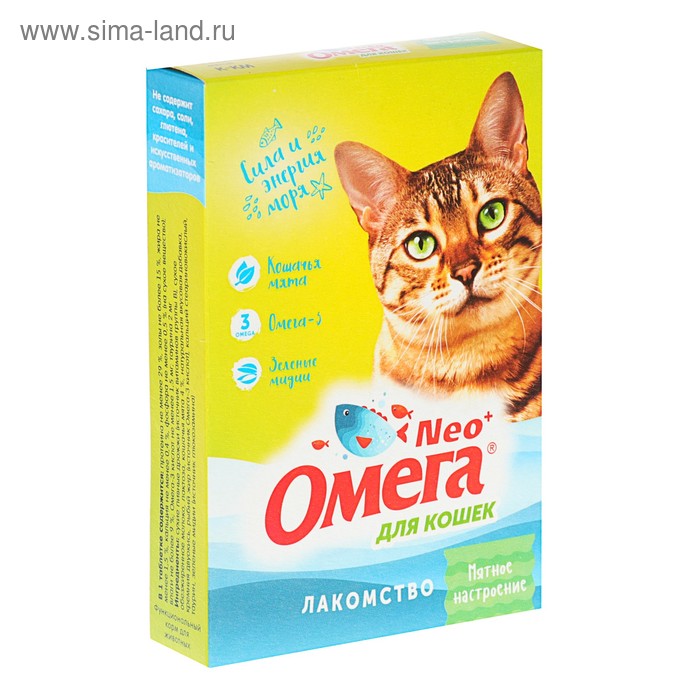 Лакомство Омега Nео+ Мятное настроение для кошек, с кошачьей мятой, 90 табл