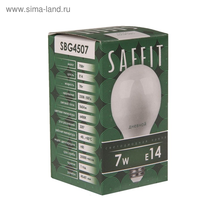 фото Лампа светодиодная saffit, g45, 7 вт, e14, 6400 к, 560 лм, 220°, 80 х 45