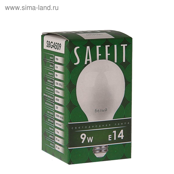 фото Лампа светодиодная saffit, g45, 9 вт, e14, 4000 к, 810 лм, 220°, 80 х 45