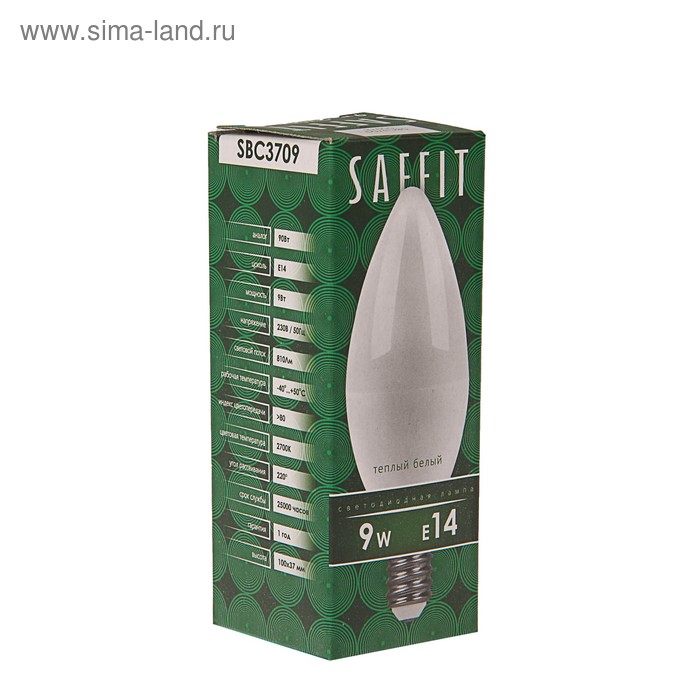 фото Лампа светодиодная saffit, c37, 9 вт, e14, 2700 к, 810 лм, 220°, 100 х 37
