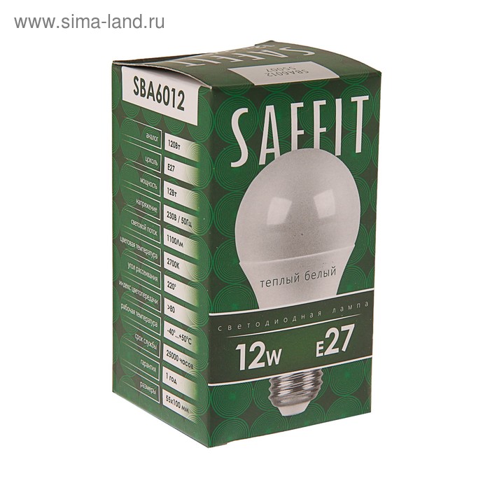 фото Лампа светодиодная saffit sba6012, a60, e27, 12 вт, 230 в, 2700 к, 1100 лм, 220°,112 х 60 мм