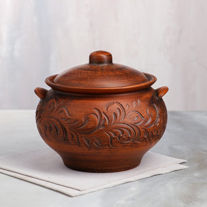

Горшок духовой "Резной", декор, с ручками, красная глина, 3.2 л