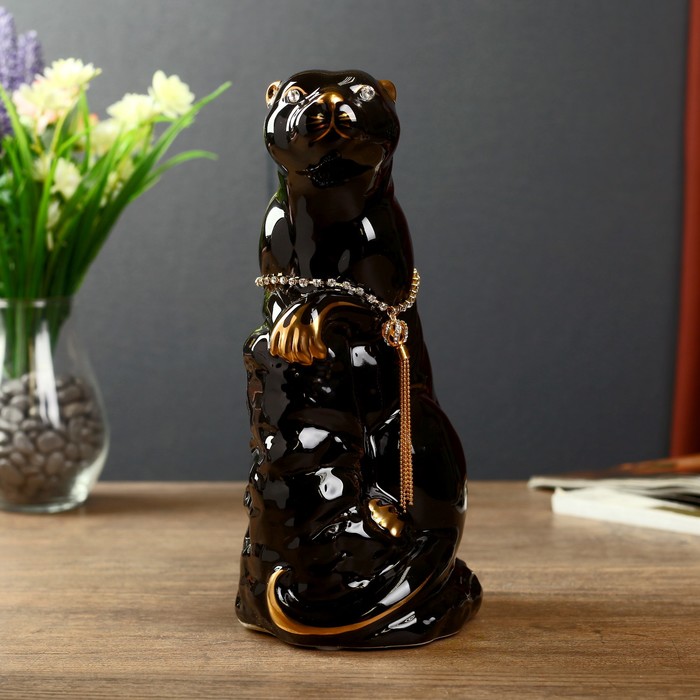 Сувенир "Чёрная дикая кошка с ниткой из страз"