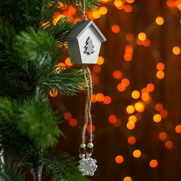 подвеска новогодняя ночь домик 10см дерево синий Подвеска новогодняя «Домик»