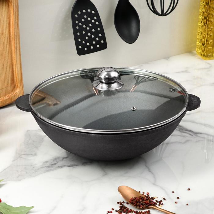 фото Сковорода чугунная wok со стеклянной крышкой, 280 х 100 мм, тм brizoll