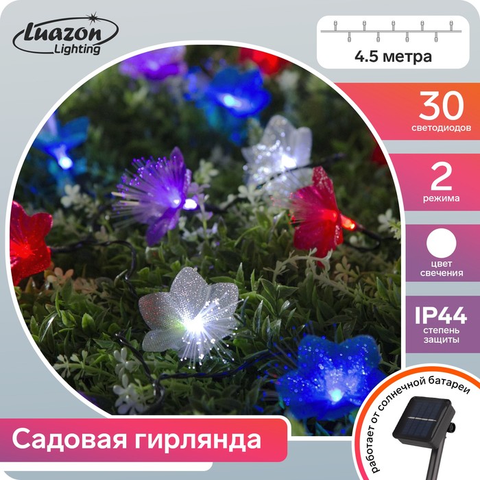 фото Гирлянда "нить" 4.5 м с насадками "цветы", ip44, тёмная нить, 30 led, свечение белое, 2 режима, солнечная батарея luazon lighting