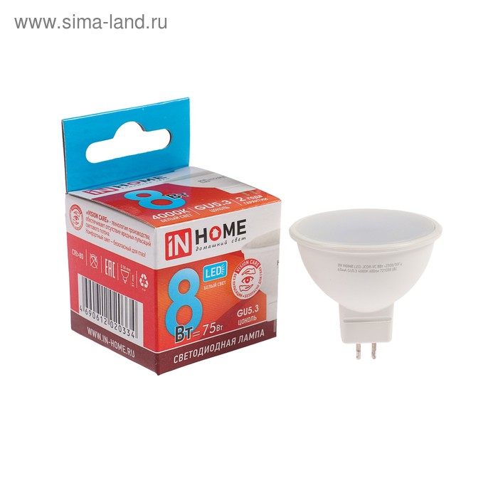 Лампа светодиодная IN HOME LED-JCDR-VC, GU5.3, 8 Вт, 230 В, 4000 К, 600 - 720 Лм светодиодные inhome лампа светодиодная in home led свеча vc е14 8 вт 230 в 4000 к 720 лм