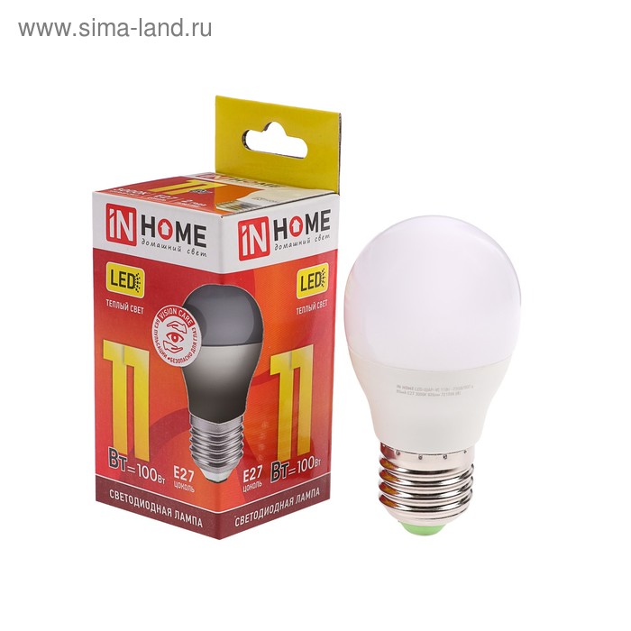 фото Лампа светодиодная in home led-шар-vc, е27, 11 вт, 230 в, 3000 к, 820 лм inhome