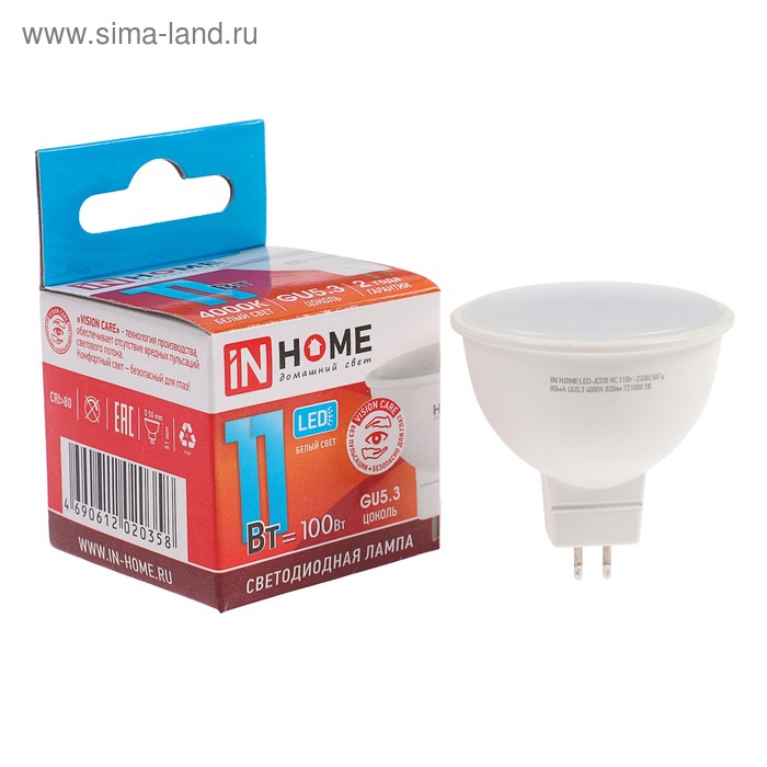 фото Лампа светодиодная in home led-jcdr-vc, gu5.3, 11 вт, 230 в, 4000 к, 820 лм inhome