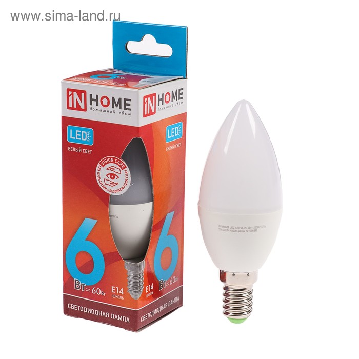 Лампа светодиодная IN HOME LED-СВЕЧА-VC, Е14, 6 Вт, 230 В, 4000 К, 570 Лм