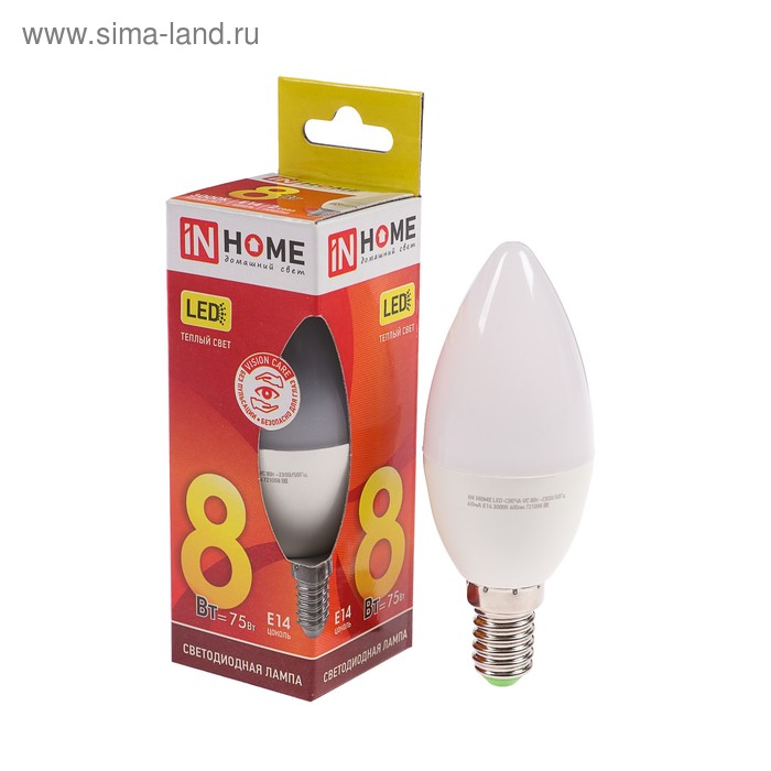 фото Лампа светодиодная in home led-свеча-vc, е14, 8 вт, 230 в, 3000 к, 720 лм inhome