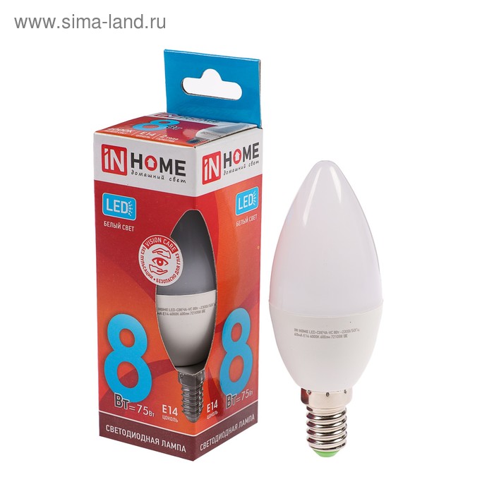 Лампа светодиодная IN HOME LED-СВЕЧА-VC, Е14, 8 Вт, 230 В, 4000 К, 760 Лм светодиодные inhome лампа светодиодная in home led свеча vc е14 8 вт 230 в 4000 к 720 лм