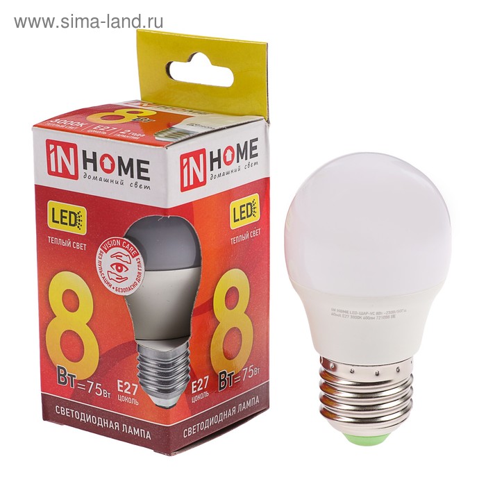 фото Лампа светодиодная in home led-шар-vc, е27, 8 вт, 230 в, 3000 к, 720 лм inhome