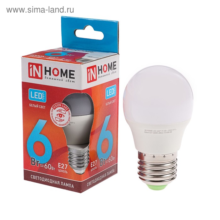 Лампа светодиодная IN HOME LED-ШАР-VC, Е27, 6 Вт, 230 В, 4000 К, 540 Лм лампа светодиодная in home led шар deco 7 вт 230 в е27 4000 к 810 лм прозрачная