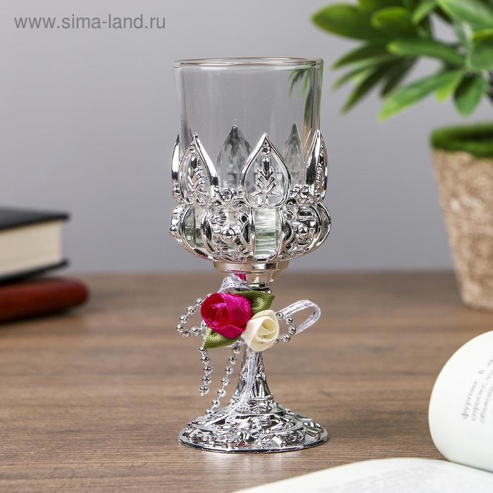 Подсвечник пластик, стекло на 1 свечу Розочки бокал на ножке серебро 13х6х6 см