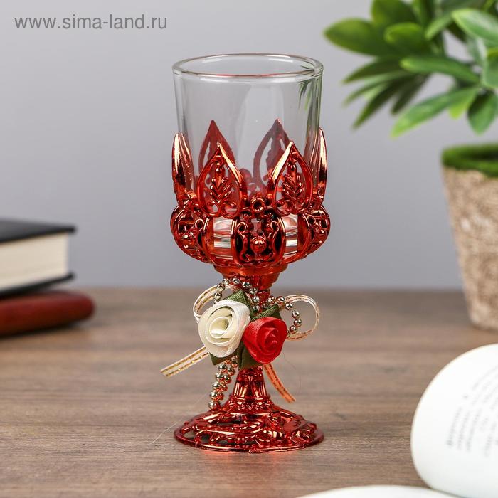 Подсвечник пластик, стекло на 1 свечу Розочки бокал на ножке красный 13х6х6 см