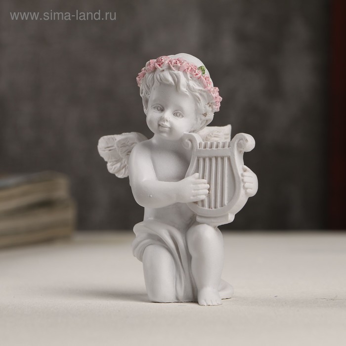 Ангелочки и эльфы Сувенир полистоун Белоснежный ангел в розовом веночке с лирой 7,3х6,3х5 см