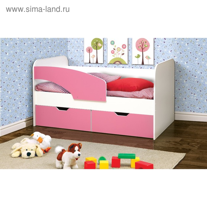 фото Кровать детская «дельфин», 2 ящика, 800 × 1600 мм, левая, цвет белый / ярко-розовый матрица