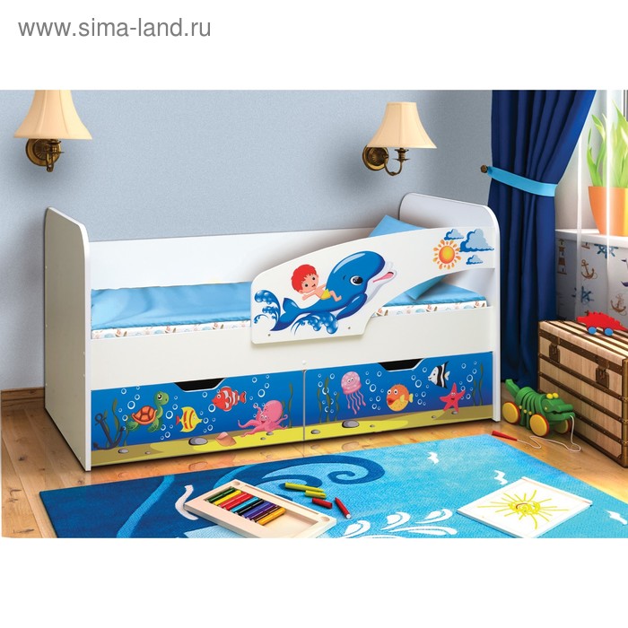 фото Кровать детская с фотопечатью «дельфин», 2 ящика, 800 × 1600 мм, правая, цвет корпус белый матрица