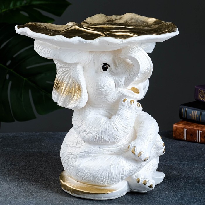 фото Фигура - подставка "слон с листком" перламутр-золото 30х30х30см хорошие сувениры