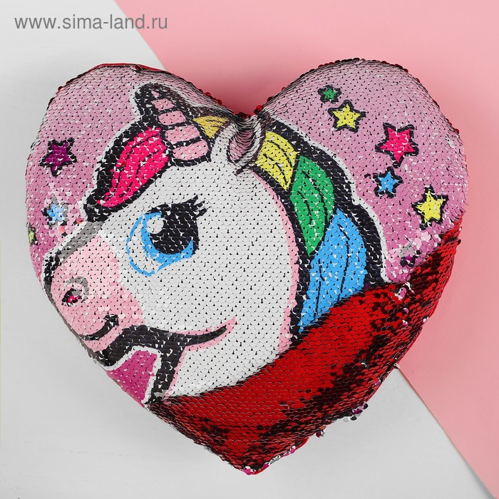 Подушка сердце Единорог двусторонние пайетки цвет розово-красный 495₽
