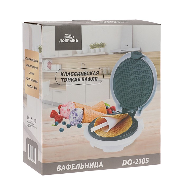 Электровафельница "Добрыня" DO-2105, 750 Вт, тонкие вафли, антипригарное покрытие, белая
