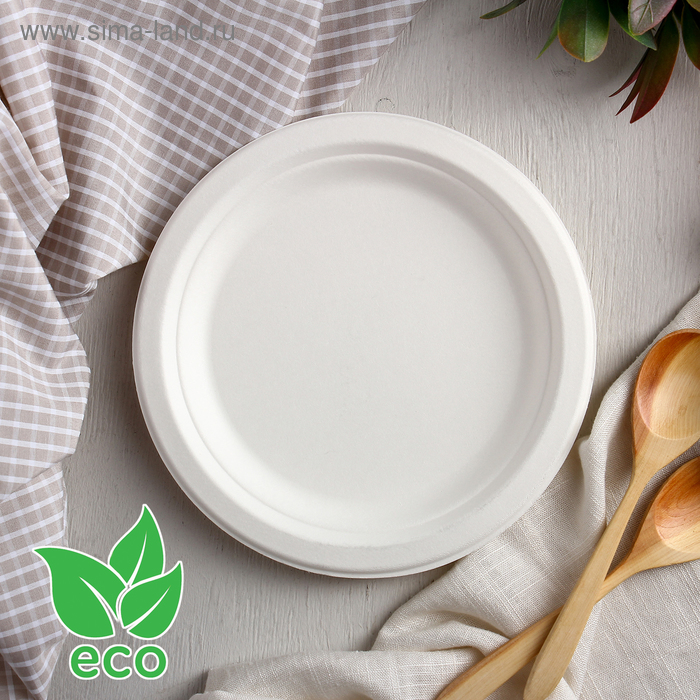 Тарелка одноразовая ECO, d=17,2 см, круглая, из сахарного тростника, цвет белый цена и фото