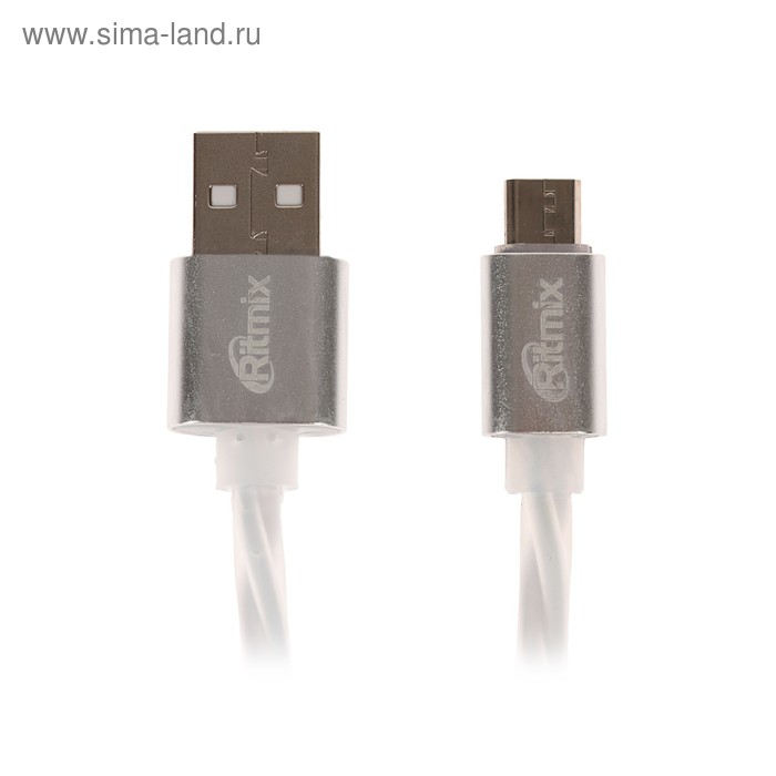 Кабель Ritmix RCC-312, microUSB-USB, 2 А, для синхр/зарядки, силиконовая оплетка,1 м, белый