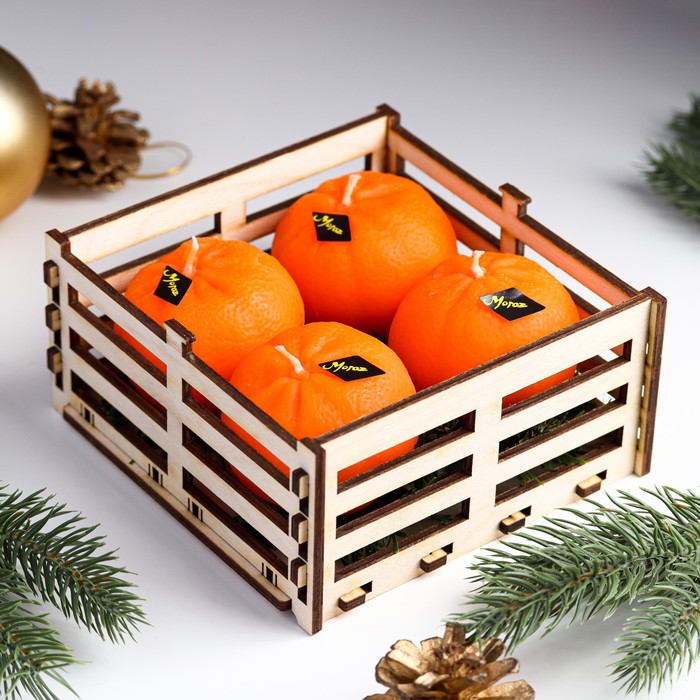 Набор новогодних свечей Мандарины в ящике, 4 шт, 13,6×13,6×6,6 см