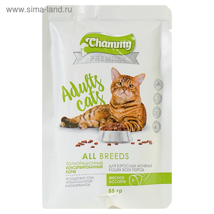 Влажный корм Chammy Premium для кошек, мясное ассорти, 85 г