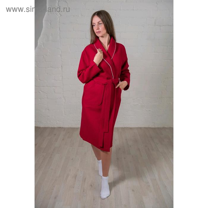 фото Халат женский, шалька+кант, размер 46, цвет бордовый, вафля homeliness
