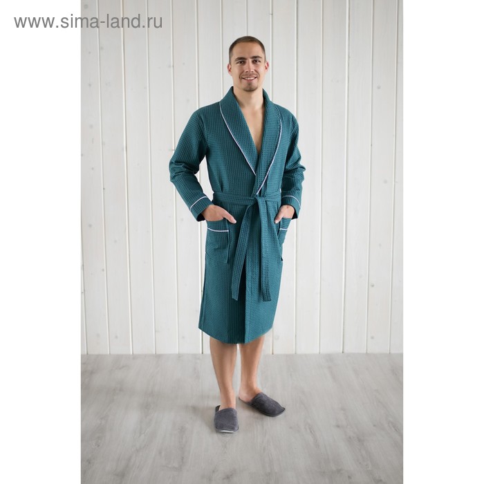 фото Халат мужской, шалька+кант, размер 58, цвет изумрудный, вафля homeliness