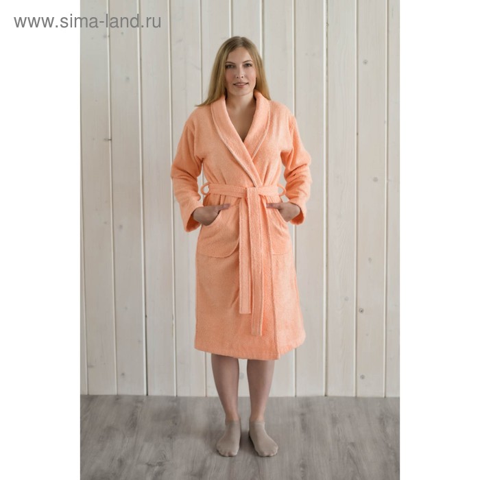 фото Халат женский, шалька, размер 58, цвет персиковый, махра homeliness