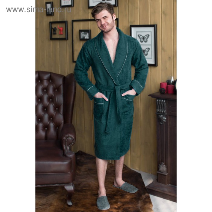 Халат мужской, шалька+кант, размер 58, цвет зелёный, махра