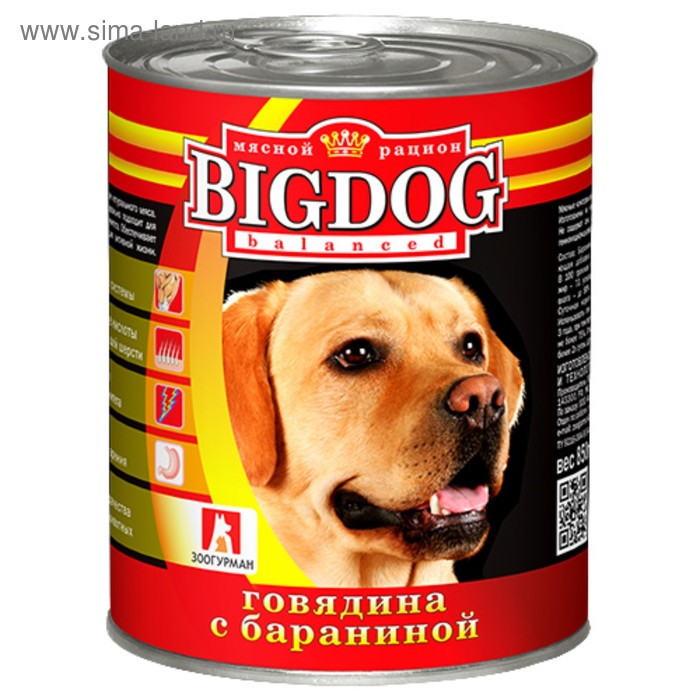 

Влажный корм BIG DOG для собак, говядина/баранина, ж/б, 850 г