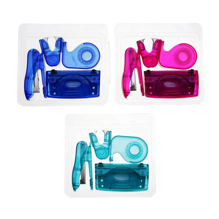 Степлер №10 до 15 листов+Дырокол до 15 листов+Антистеплер+Диспенсер д/клейкой ленты в блистере МИКС