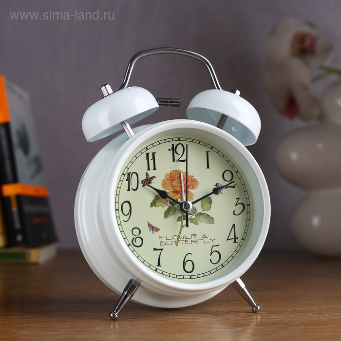 Будильник Цветы и бабочки, белый, d=11.5 см