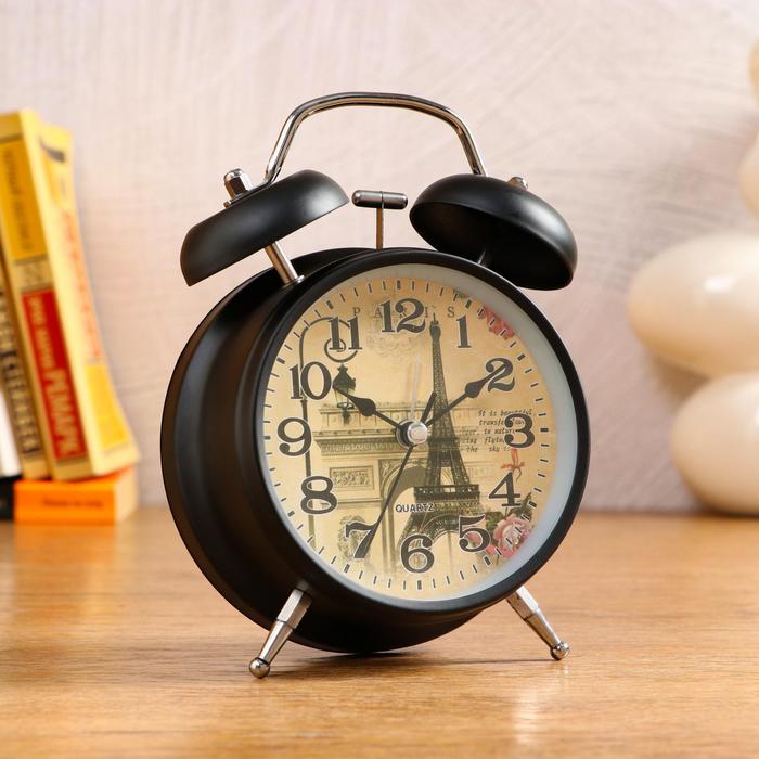 Будильник черный с подсветкой, на циферблате Jardin, 2 звоночка, стрелки светятся, микс